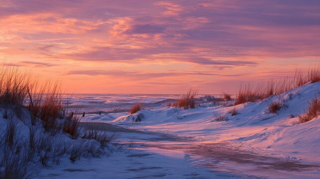 winter scene under color sky at sunset on snow covered beach jones beach state park long island ny no logos no brands ar 169