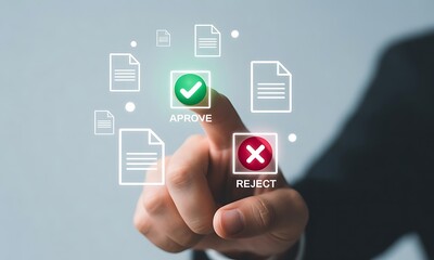 Obraz premium A businessman's hand interacting with a digital interface to approve or reject electronic documents for corporate workflow management.