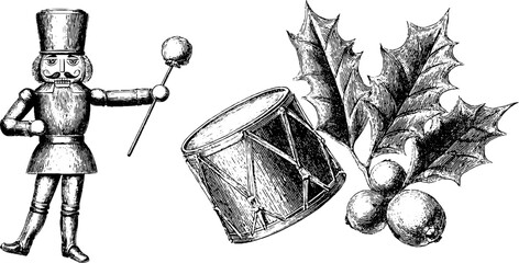 Festive nutcracker soldier and drum with holly leaves for holiday decor and design