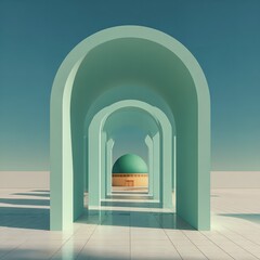 Green arched structure framing a distant mosque with white floor and open sky, creating a serene atmosphere of peace and simplicity