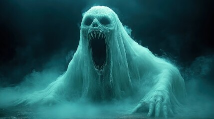 Eerie spectral entity emerges from chilling mist, a frightening apparition with glowing eyes and open maw