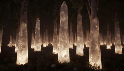 Mystical forest of glowing crystal pillars creates a magical, ethereal, and enchanting scene