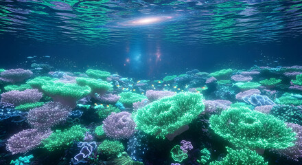 Fototapeta premium Vibrant coral reef teeming with life, illuminated by ethereal underwater light, creating a mesmerizing and otherworldly aquatic landscape