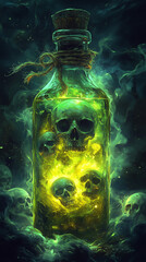 Mysterious green potion bottle with floating skulls and smoky background in dark fantasy setting