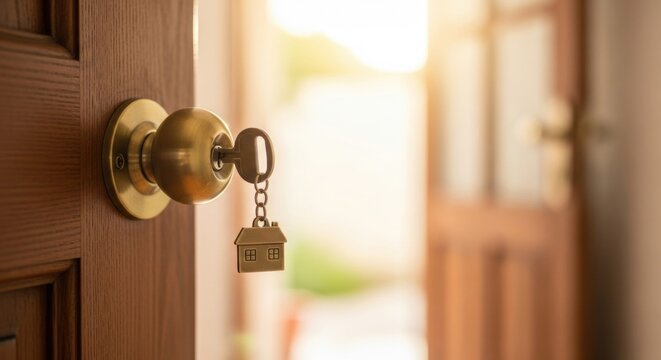 Golden Key with House Charm in Door Lock, New Home Ownership Concept