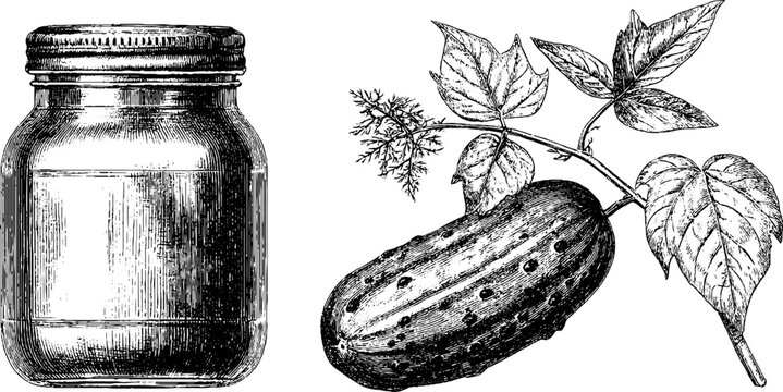 Vintage engraved illustration set of pickle jar and cucumber plant for retro kitchen decor