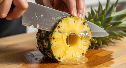 Hands slicing juicy pineapple on wooden cutting board preparing tropical fruit for healthy eating