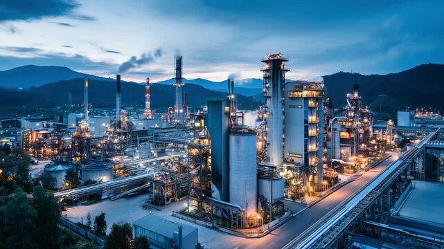 Beneath the tranquil evening sky, a lively industrial landscape comes to life with shimmering lights and towering structures. Smoke gently rises as operations continue in harmony.