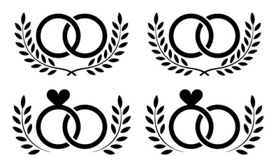 Four Black and White Wedding Ring Icons with Laurel Wreaths