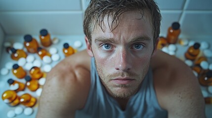 Man surrounded by pills, looking distressed, highlighting themes of addiction and mental health struggles