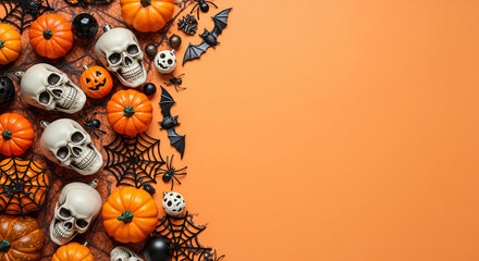 Halloween spooky decorations frame with skulls spiders bats and pumpkins