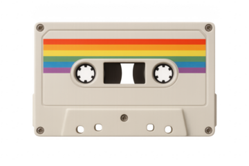 White audio cassette with rainbow label on transparent background