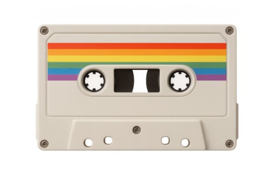 White audio cassette with rainbow label on transparent background