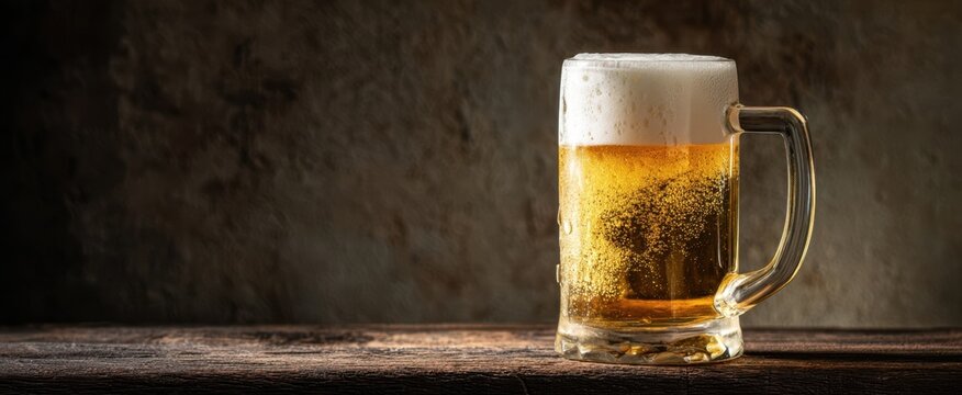 The frothy beer mug sitting on a rustic wooden table.