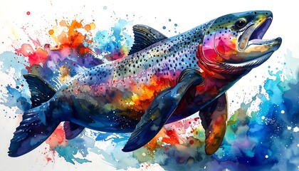 Vibrant rainbow trout in watercolor splash