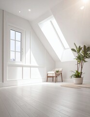 A bright, minimalist attic room with an elegant armchair and natural light
