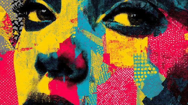 Abstract vibrant portrait with bold colors and mixed media techniques art