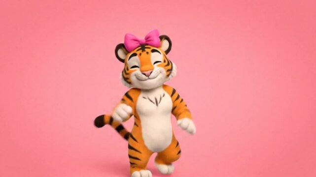 A stylized tiger character is illustrated with soft textured fur and defined lines on pink background adorable