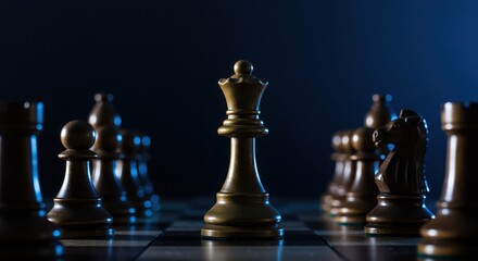 Chess Queen's Dominion: A golden chess queen stands as the focal point, amidst a strategic chessboard, highlighting the blend of power and calculated thought.