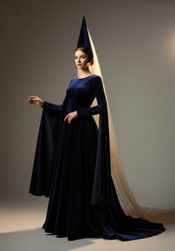 Medieval Burgundian woman from the 15th century in navy velvet gown with tall hennin and trailing veil, aristocratic court fashion