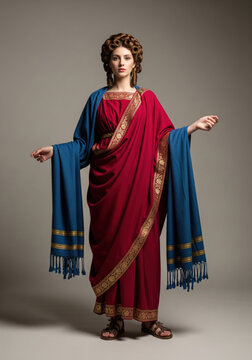 Elegant Roman woman from the 1st century in red stola with blue palla and elaborate curled hairstyle, full length front view portrait, Juno, style