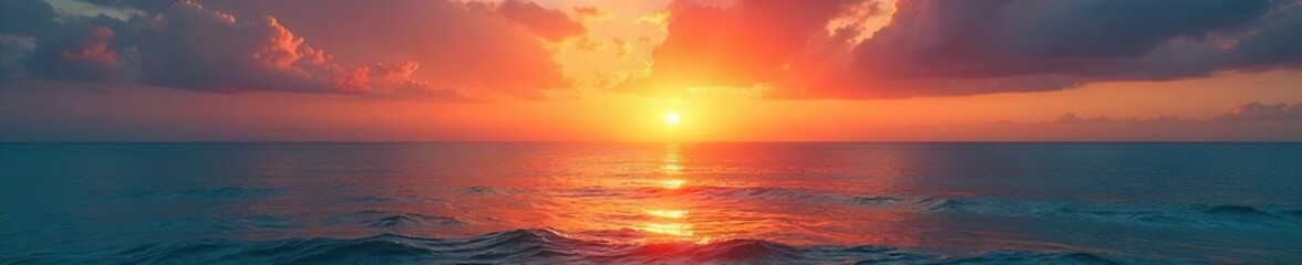 Fototapeta premium A vibrant sun sets over a calm ocean, reflecting the peaceful and joyful feeling of a balanced lifestyle , escape, twilight