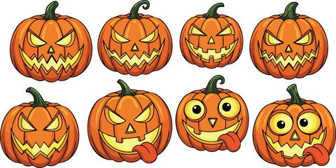 A collection of eight cartoon jack o lanterns with various expressions