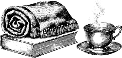 Cozy winter compilation: engraved illustration set of scarf, book, and coffee cup