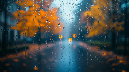 Fototapeta premium Rain-soaked street with autumn leaves and blurred lights in a moody urban setting during early evening