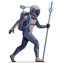 Fototapeta premium Space nomad vector illustration of an astronaut with a backpack and futuristic staff, representing futuristic exploration and interstellar travel