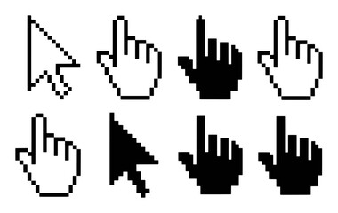 Pixelated Cursor Icons: Arrow and Hand Pointer Variations in Black and White