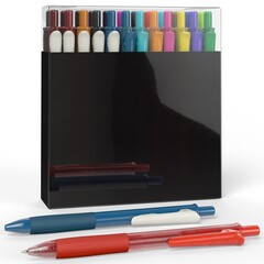 Collection of multicolored ballpoint pens in a black box with two pens outside. Minimal stationery...