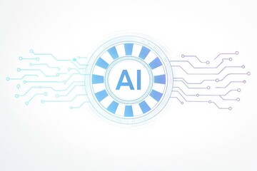 Abstract futuristic ai technology concept with glowing blue circuits and digital network connections on white background