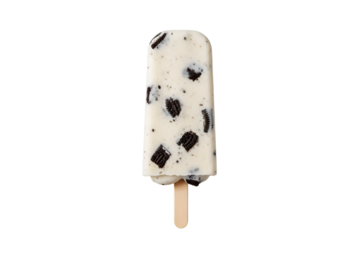 A delicious ice cream bar, showcasing a creamy white base speckled with rich dark cookie pieces, is displayed against a pure black background.