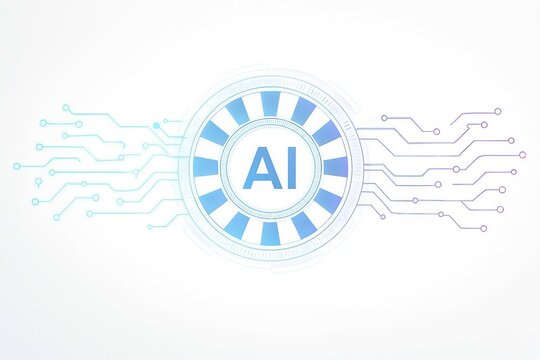 Abstract futuristic ai technology concept with glowing blue circuits and digital network connections on white background