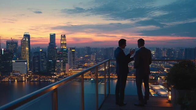 As the sun sets behind skyscrapers, two business executives shake hands on a rooftop terrace, sealing a deal with the stunning skyline of Singapore as a backdrop.