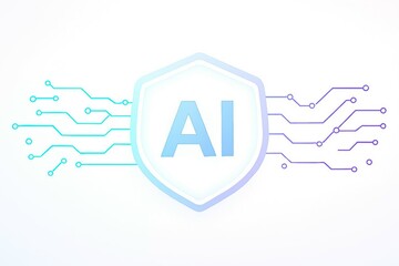 Abstract digital shield with ai text and glowing circuit board lines on white background