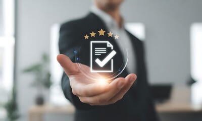 Businessman presenting digital document approval icon with five stars, ideal for illustrating quality assurance, certification, and professional service standards