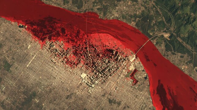 city flood aerial view red water
