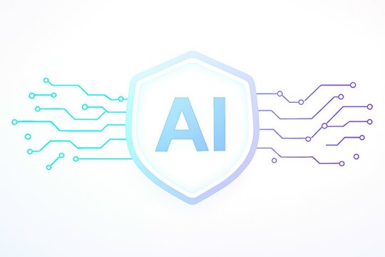 Abstract digital shield with ai text and glowing circuit board lines on white background