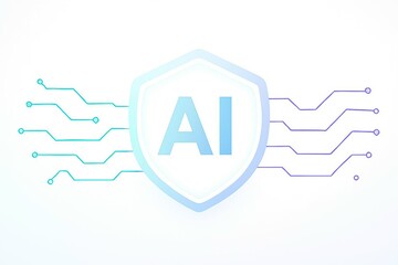 Artificial intelligence security shield with digital circuit board connections and glowing gradient effect