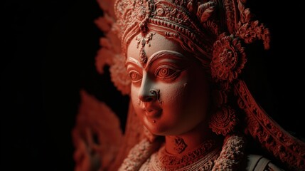 detailed clay statue of hindu goddess durga illuminated in a dark setting