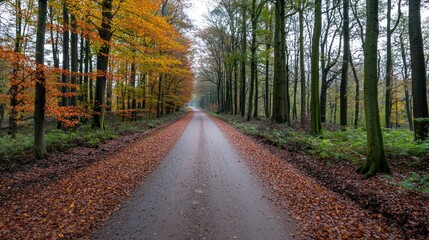 Naklejka premium A long, wet road stretches through a vibrant autumn forest, leading into the distance.