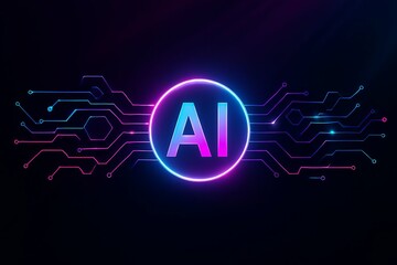 Glowing ai logo in a neon circle surrounded by futuristic digital circuit board patterns and glowing lights