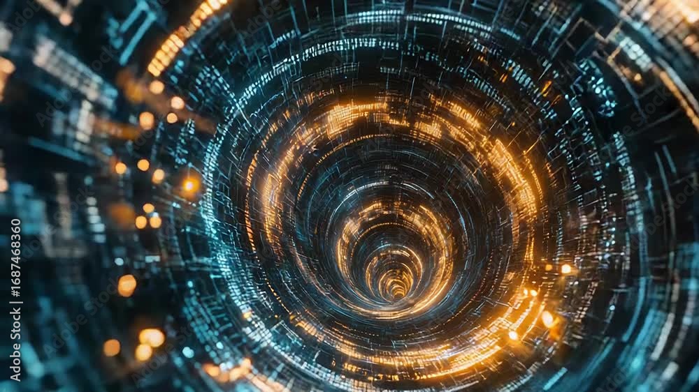 Wall mural digital wormhole spinning through cyberspace with data stream