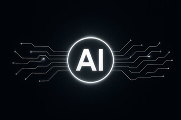 Glowing ai logo in a neon circle with abstract digital patterns on a dark background