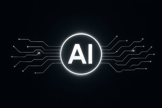 Glowing ai logo in a neon circle with abstract digital patterns on a dark background