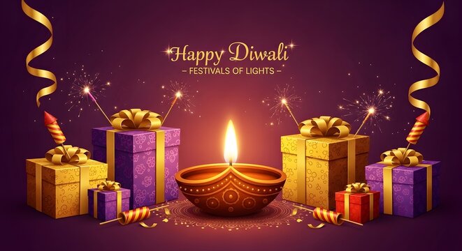 Happy Diwali Festival of Lights Celebration with Traditional Oil Lamp, Colorful Gift Boxes, Golden Ribbons and Firecrackers on Purple Background