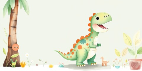 Cute cartoon dinosaur with colorful spots standing in a prehistoric jungle with palm trees