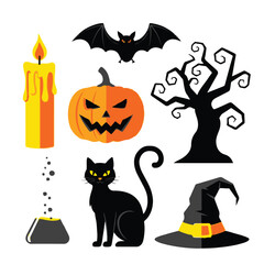 Halloween elements including candle, pumpkin, bat, tree, cat, hat, cauldron isolated on white background